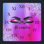 Purple Pink Monogram Glitter Eyelashes Modern Square Wall Clock<br><div class="desc">Purple and Pink Faux Foil Metallic Sparkle Glitter Brushed Metal Monogram Name and Initial Eyelashes (Lashes),  Eyelash Extensions and Eyes cute wall clock. The design makes the perfect sweet 16 birthday,  wedding,  bridal shower,  anniversary,  baby shower or bachelorette party gift for someone looking for a trendy cool style.</div>