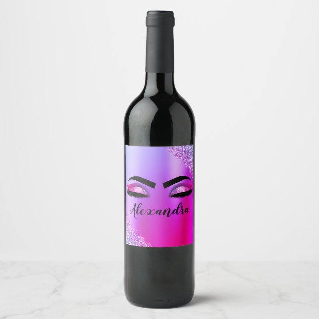 Purple Pink Monogram Glitter Eyelashes Modern Wine Label (Front)