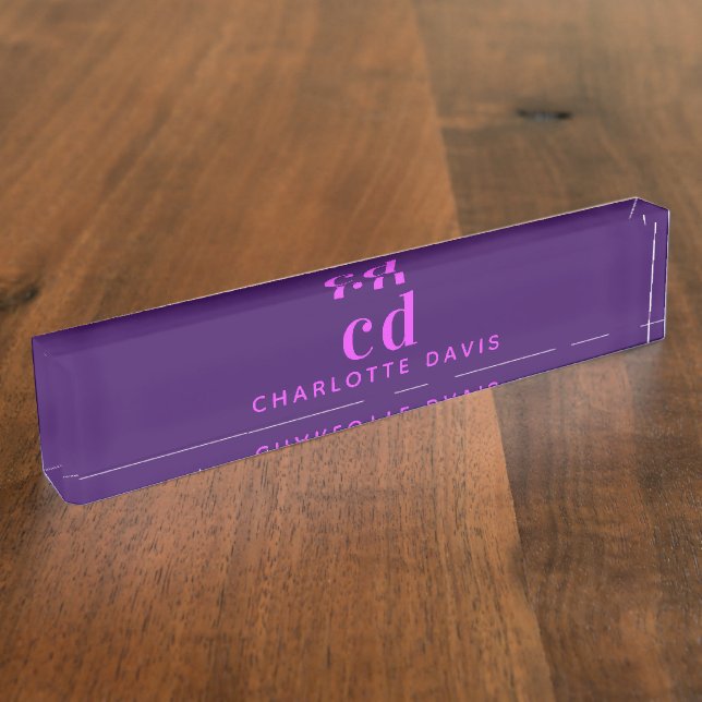 Purple pink monogram initials name nameplate (Side)
