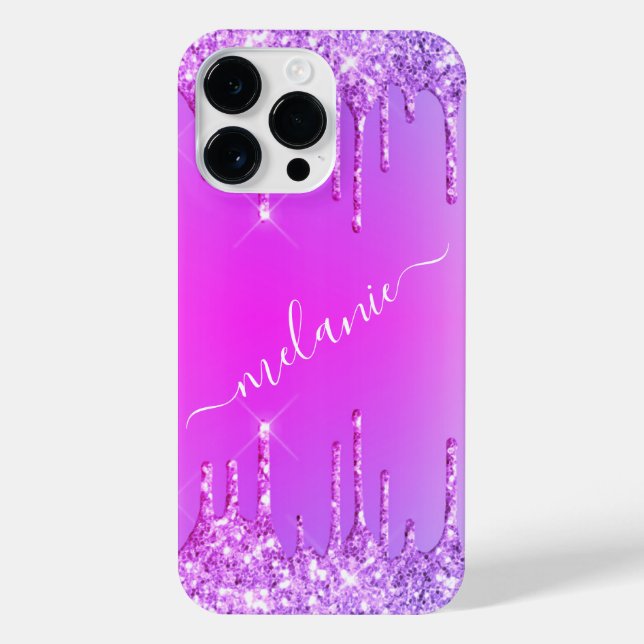 Purple Pink Neon Glitter Custom Name iPhone Case (Back)