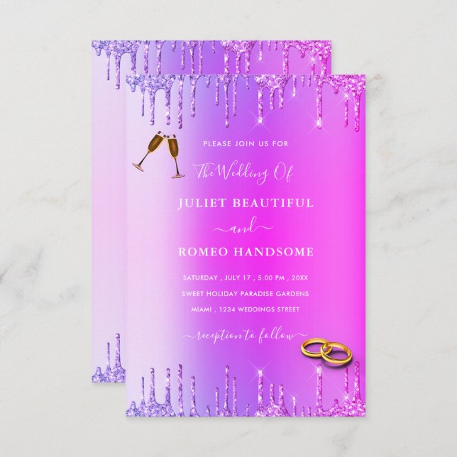 Purple Pink Neon Glitter Drips Wedding Invitation  (Front/Back)