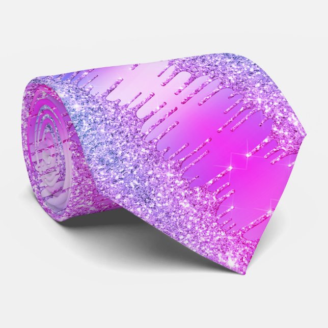 Purple Pink Neon Glitter Sparkly Drips Neck Tie (Rolled)