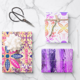 purple pink Nordic flower Wrapping Paper Sheet Set