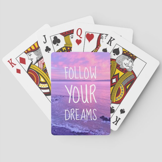 Purple Pink Ocean Beach Sunset Follow Your Dreams Playing Cards (Back)