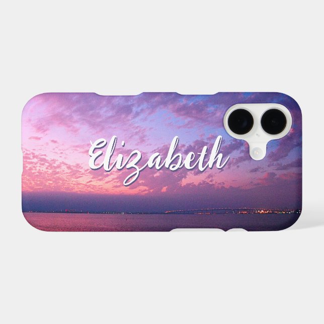 Purple Pink Ocean Sunset Photo Name Script Stylish (Back (Horizontal))
