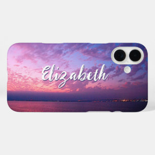 Purple Pink Ocean Sunset Photo Name Script Stylish iPhone 16 Plus Case