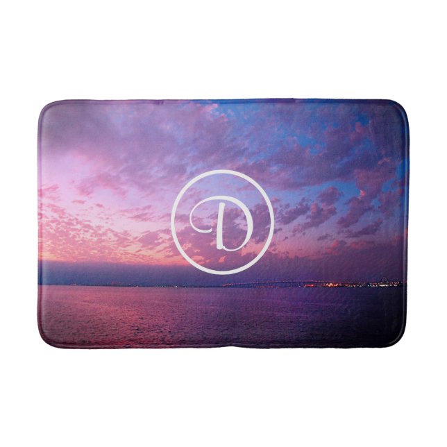 Purple pink ocean sunset photography monogram bold bath mat (Front)