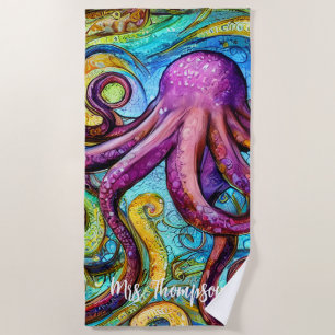 Purple Pink Octopus with Personalized Name Beach Towel