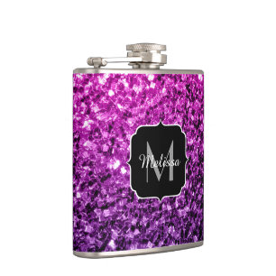 Purple Pink Ombre faux glitter sparkles Monogram Hip Flask