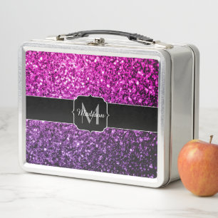 Purple Pink Ombre faux glitter sparkles Monogram Metal Lunch Box