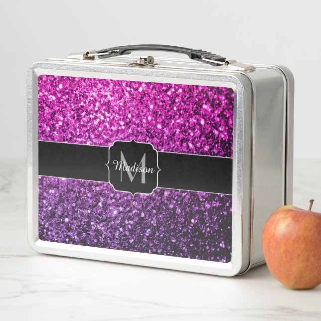 Purple Pink Ombre faux glitter sparkles Monogram Metal Lunch Box (In Situ)