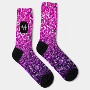Purple Pink Ombre faux glitter sparkles Monogram Socks