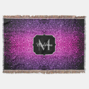 Purple Pink Ombre faux glitter sparkles Monogram Throw Blanket