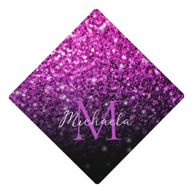 Purple Pink Ombre faux sparkles bling Monogram Graduation Cap Topper (Front)
