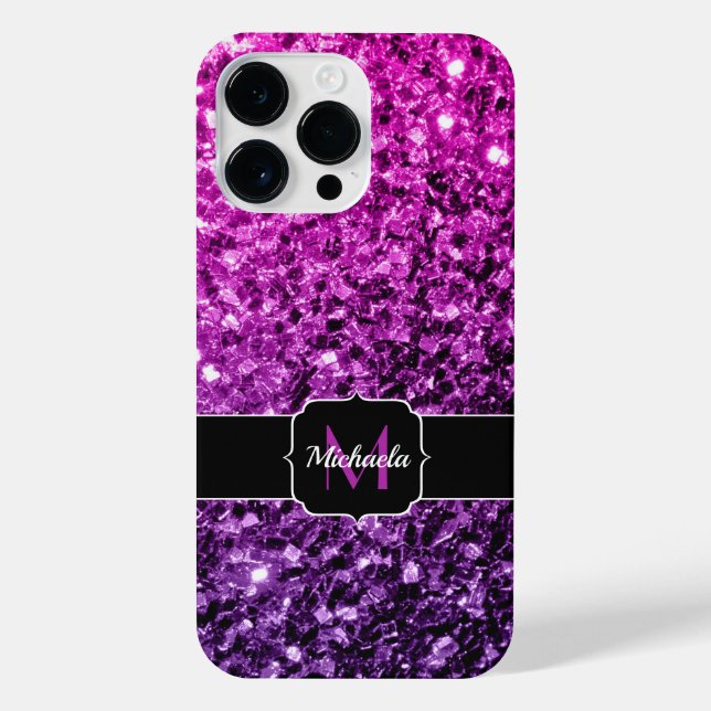 Purple Pink Ombre faux sparkles bling Monogram iPhone Case (Back)