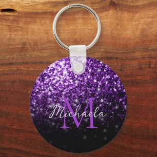 Purple Pink Ombre faux sparkles bling Monogram Keychain