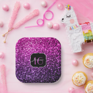Purple Pink Ombre glitter sparkles Sweet 16 Paper Plate