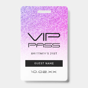 Purple Pink Ombre Glitter VIP Pass Party Invite Badge