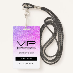 Purple Pink Ombre Glitter VIP Pass Party Invite Badge