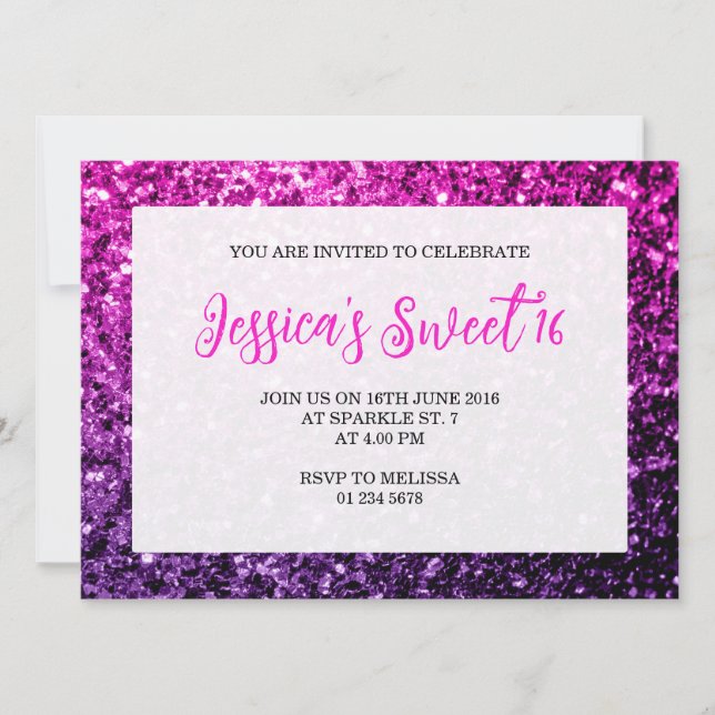 Purple Pink Ombre sparkles Sweet 16 elegant script Invitation (Front)