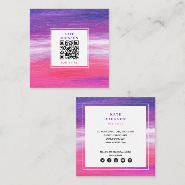 Purple Pink Painted Abstract QR Code Social Media Square Business Card (Front/Back)