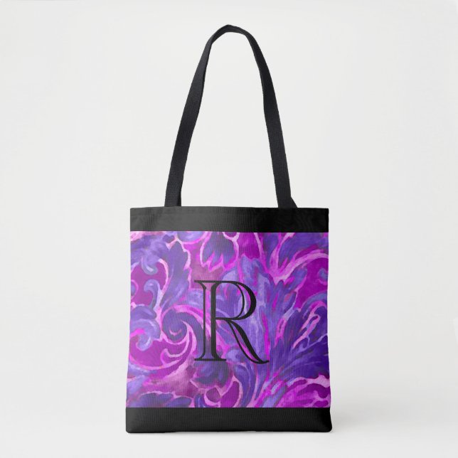 Purple Pink Painted Damask Pattern with Monogram Tote Bag (Front)