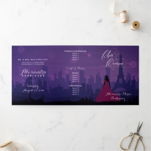 Purple Pink Paris Fireworks Quinceañera Tri-Fold I Invitation