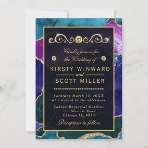 Purple & Pink Peacock Agate & gold glitter Wedding Invitation