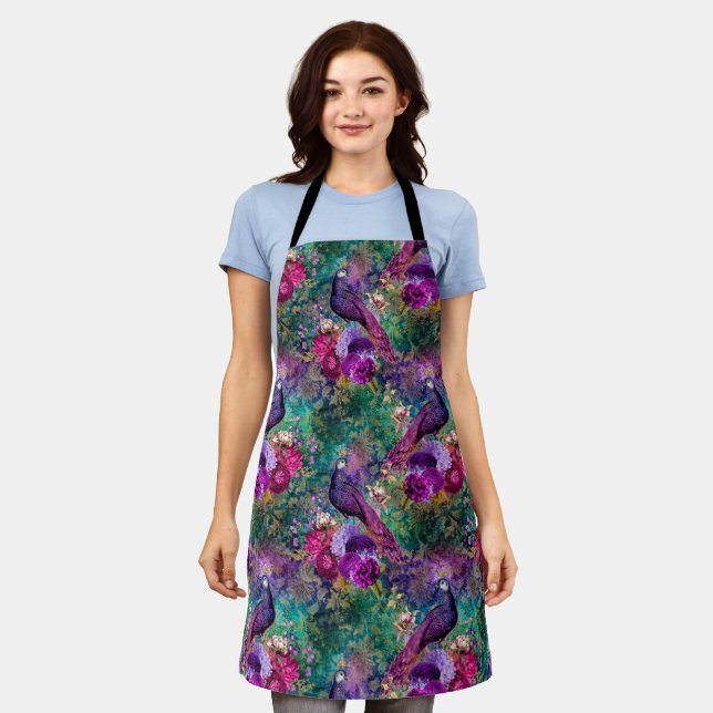 Purple Pink Peacock Floral Apron (Worn)