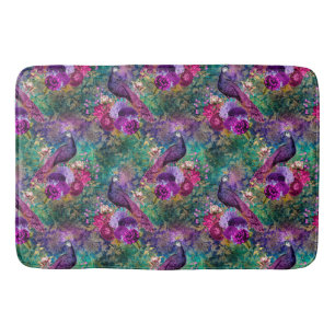 Purple Pink Peacock Floral Bath Mat
