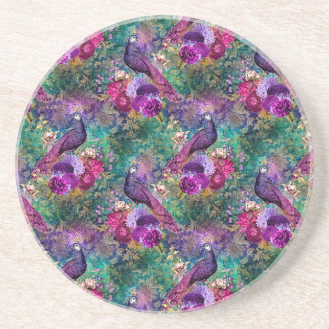 Purple Pink Peacock Floral Coaster (Front)