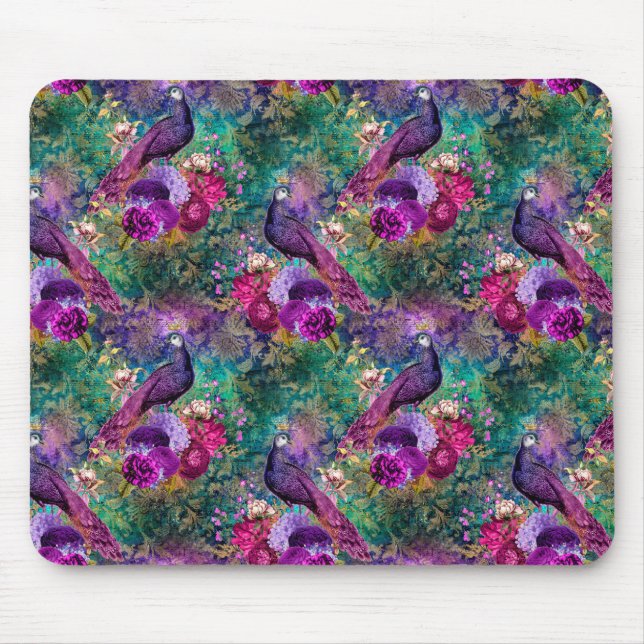 Purple Pink Peacock Floral Mouse Pad (Front)