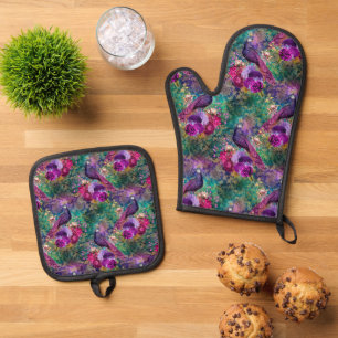 Purple Pink Peacock Floral Oven Mitt & Pot Holder Set