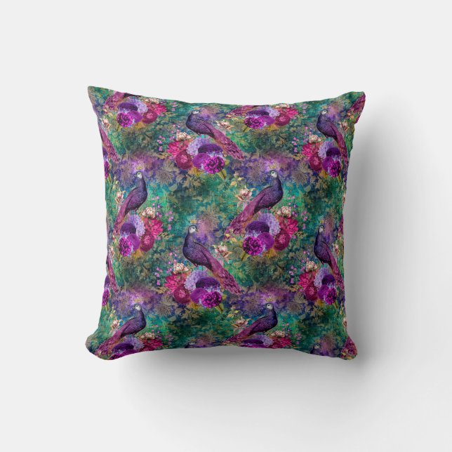 Purple Pink Peacock Floral Throw Pillow (Front)