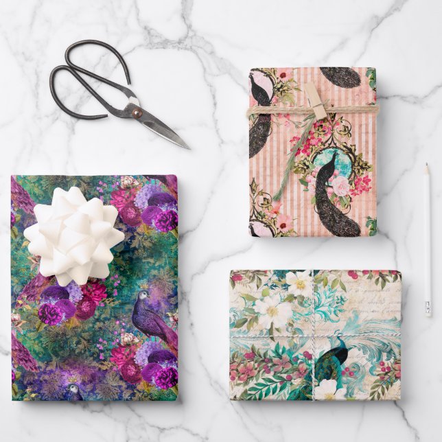 Purple Pink Peacock Floral Wrapping Paper Sheet (Front)