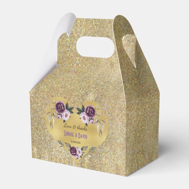 Purple Pink Peony Flowers Gold Glitter Wedding Favor Box (Front Side)