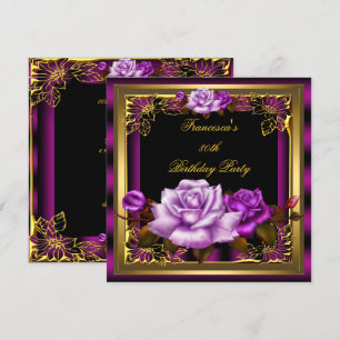 Purple Pink Plum Roses Gold Elegant Birthday 5 Invitation