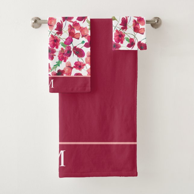 Purple Pink Poppies Monogram Bath Towel Set (Insitu)