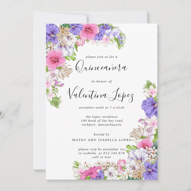 Purple Pink Pretty Tropical Quinceanera  Invitation (Front)