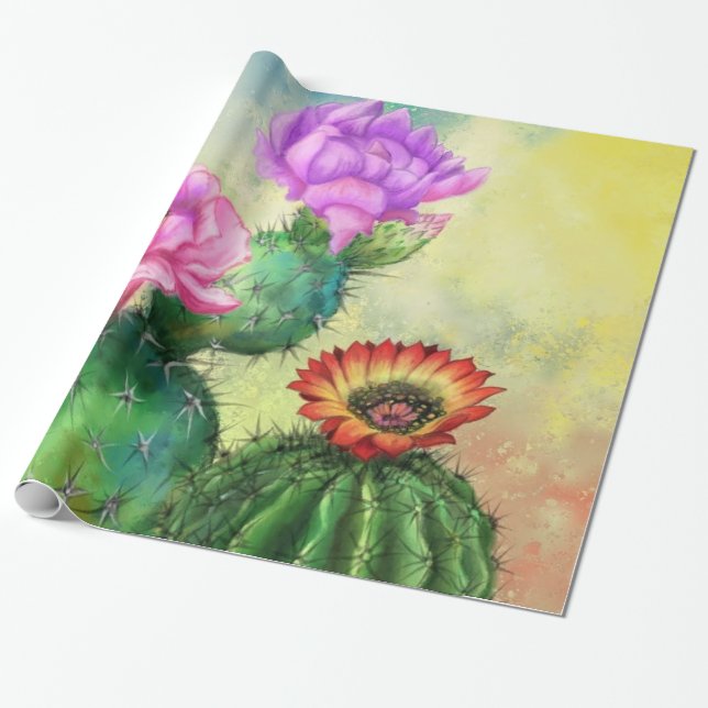 Purple Pink Red Cactus Wrapping Paper Painting (Unrolled)