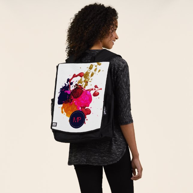 Purple Pink Red Gold Nailpolish Splatter Monogram Backpack (Worn)