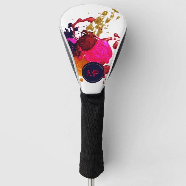 Purple Pink Red Gold Nailpolish Splatter Monogram Golf Head Cover (Front)
