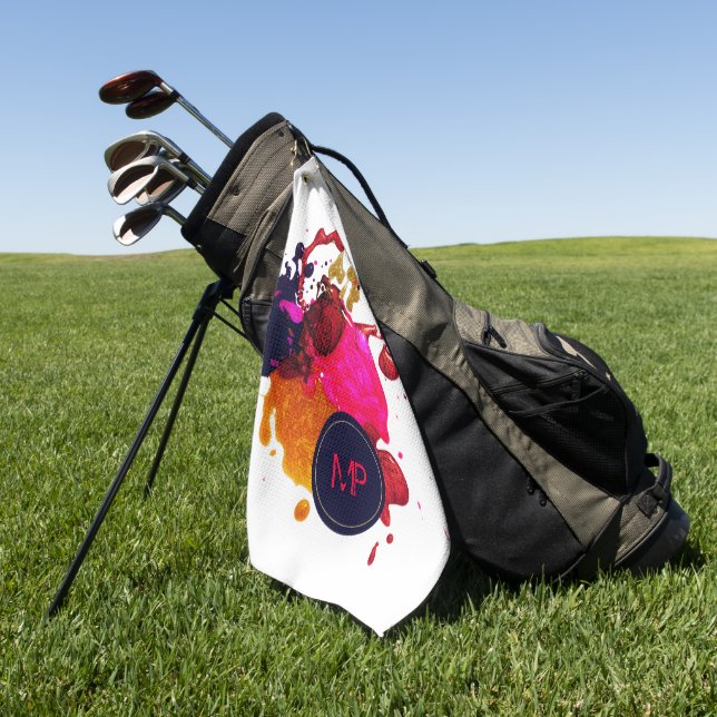Purple Pink Red Gold Nailpolish Splatter Monogram Golf Towel (Green)