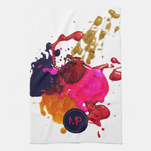 Purple Pink Red Gold Paint Splatter Monogram Kitchen Towel