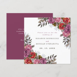 Purple pink red rose bouquet wedding invitation