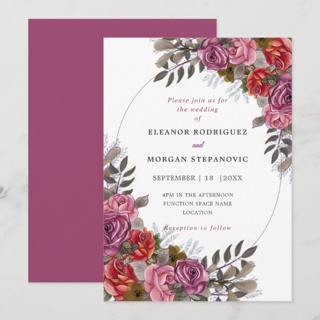 Purple pink red rose wedding invitation (Front/Back)