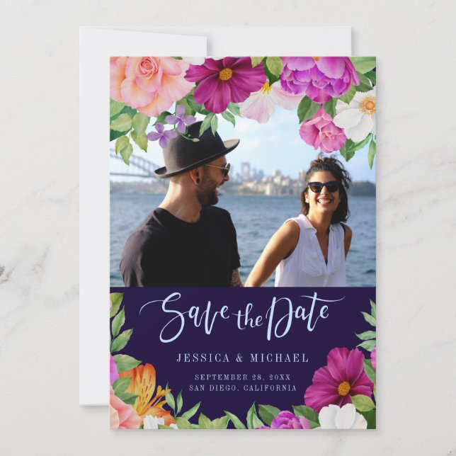 Purple Pink Rich Bouquets Floral Wedding Photo Save The Date (Front)