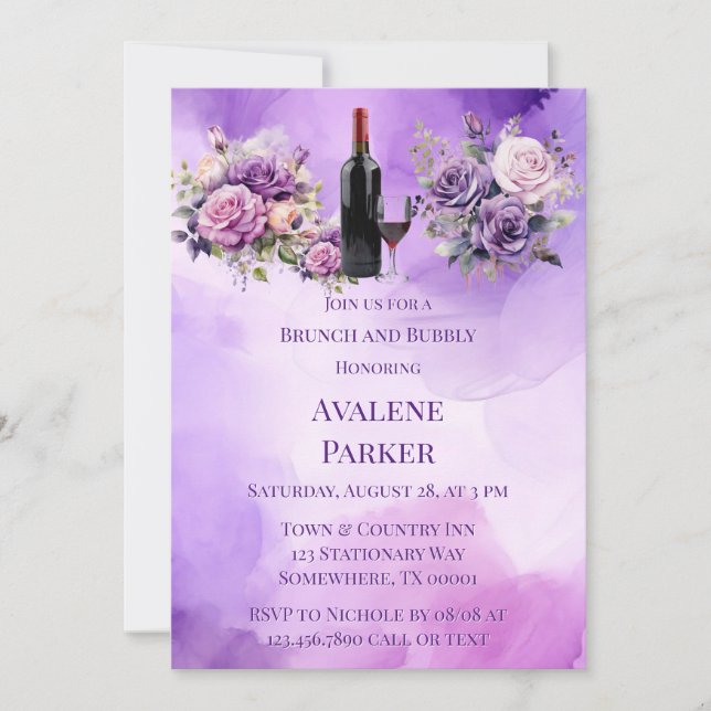 Purple Pink Rose Alcohol Garden Brunch & Bubbly Invitation (Front)