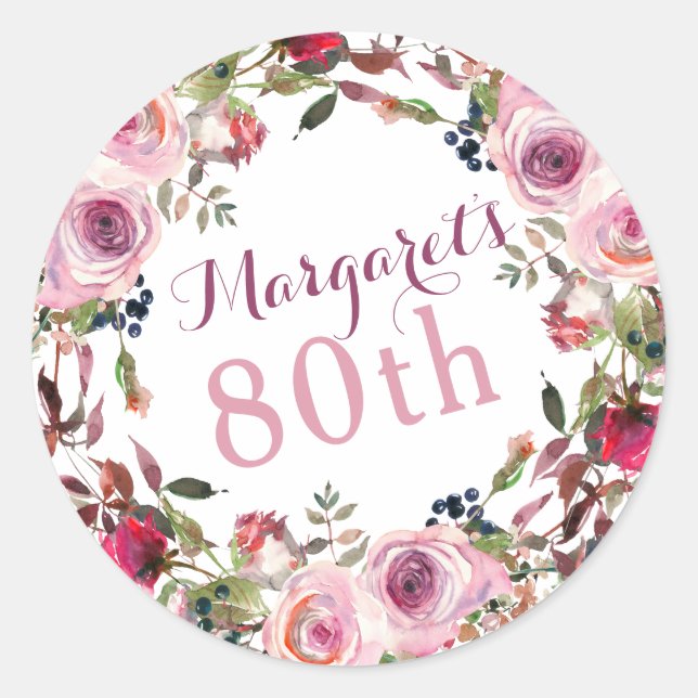 Purple Pink Rose Floral 80th Birthday Classic Round Sticker (Front)