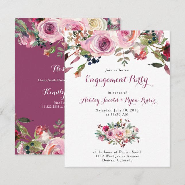 Purple Pink Rose Floral Engagement Party Invitation (Front/Back)